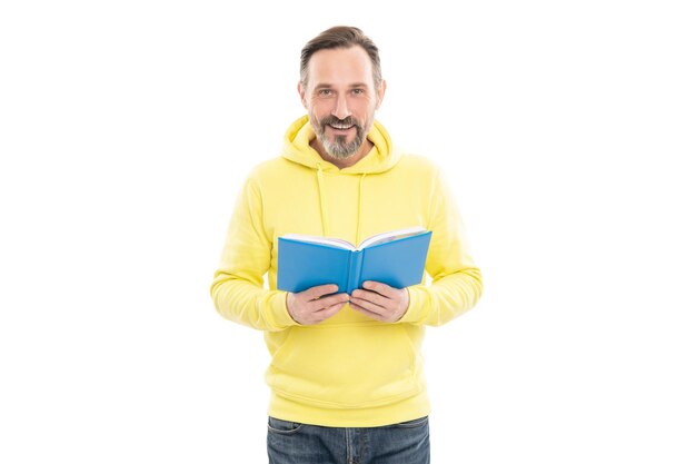 Handsome mature man with beard in hoody hold book or notebook for education and reading isolated on white reading