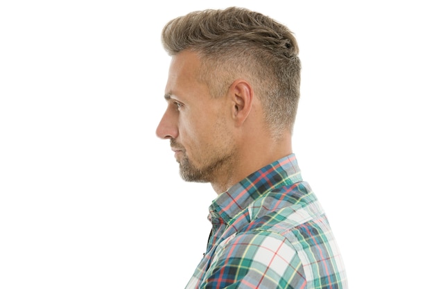 Handsome mature man with stylish hairstyle. Barber salon. Perfect fringe. Styling fringe requires that you apply some pomade or wax and comb hair forward. Fringe hairstyles allow hair volume.