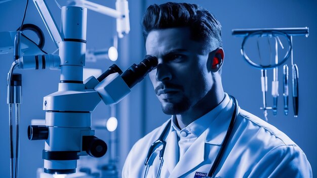 Foto un bel medico che guarda al microscopio.