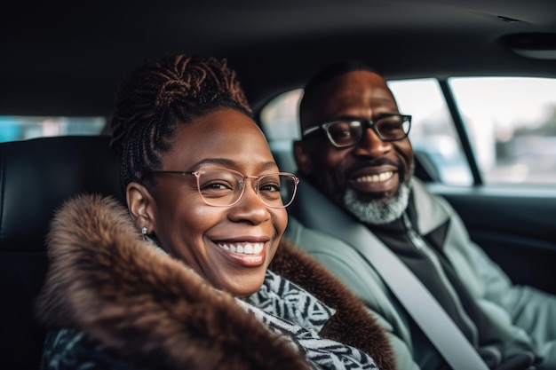 Handsome middle age black Afroamerican couple riding a car enjoying life Mental health work life balance happy midlife concept AI Generated content