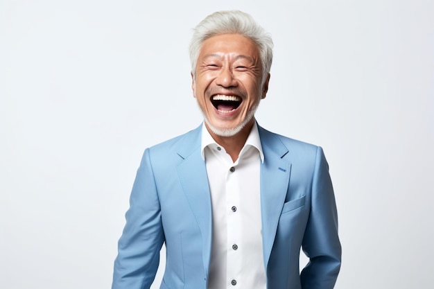 Красивый азиатский мужчина средних лет смеется в ярко-голубом костюме