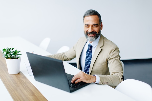 Handsome middle-aged businessman working on laptop in modern office