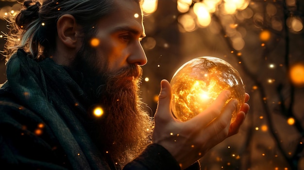 a handsome middle aged man with a beard holds_a_magic ball