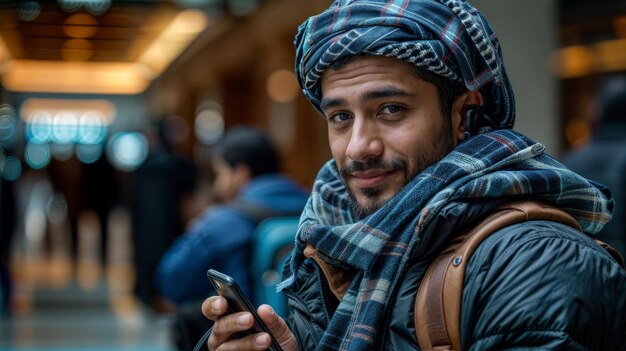 handsome middle eastern man at airport terminal outdoor entrance Smiling Arab businessman using phon