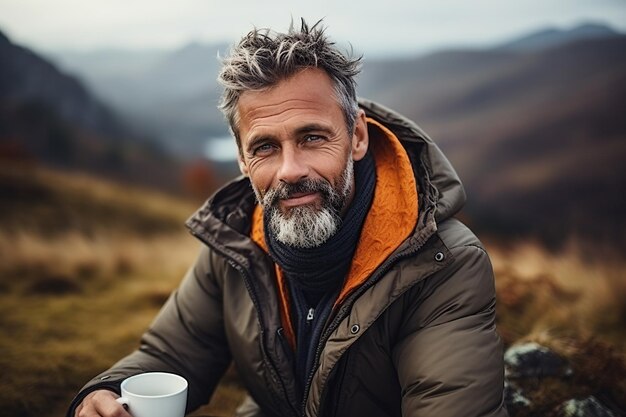 Photo handsome middleaged man with a cup of hot drink in the mountains