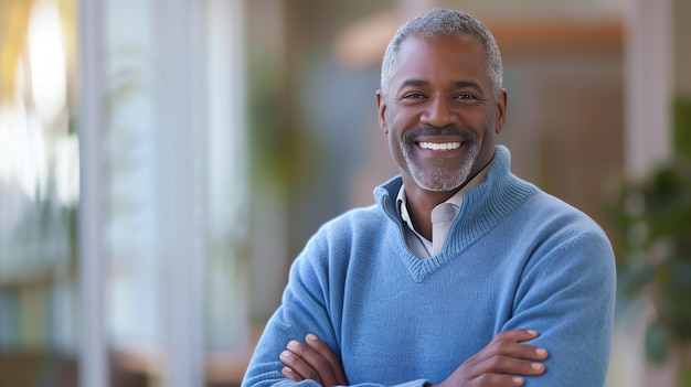 Photo a handsome middleaged man with gray hair and a beard is smiling he is wearing a blue sweater and has his arms crossed