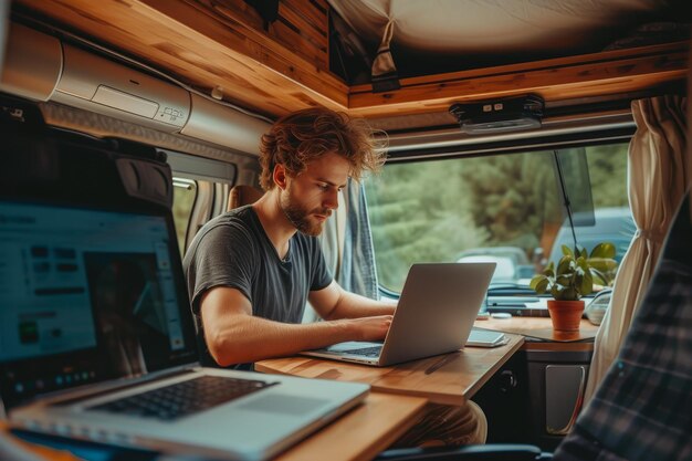 Handsome Model Elevating Remote Work in Stylish RV Digs