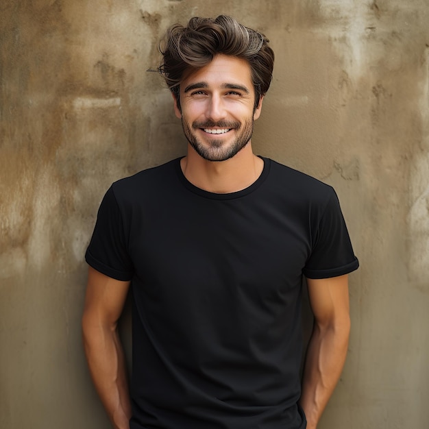 Photo a handsome model wearing blank empty tshirt for mockup