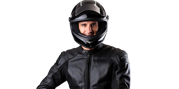 Красивый мотоциклист позирует в черном шлеме