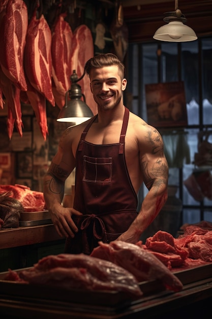 a handsome muscular butcher stands in his own shopAI Generative AI