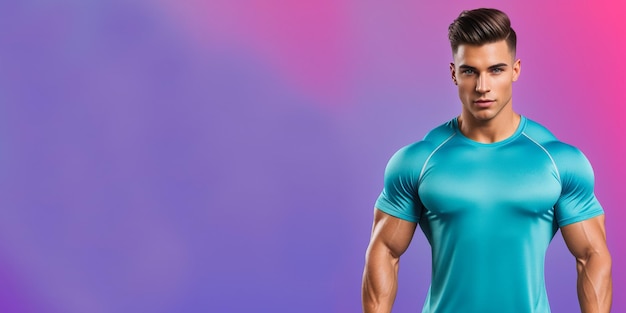 Handsome muscular man in fitness outfit over pink background with copy space banner generative ai