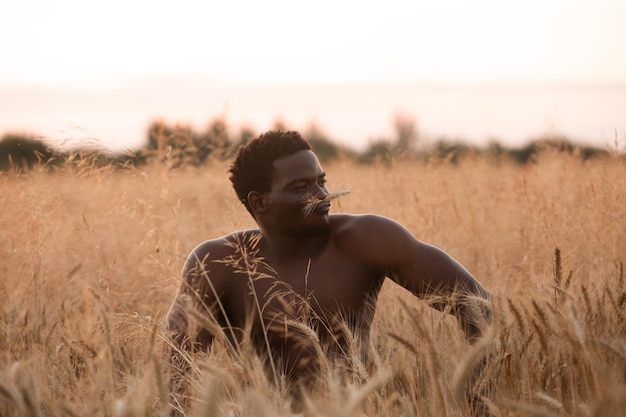 Handsome muscular man posing on rye field background