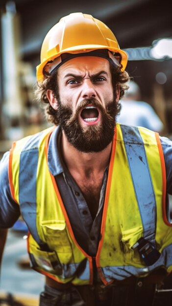Handsome and Muscular Man in Safety Helmet and Vest at Work