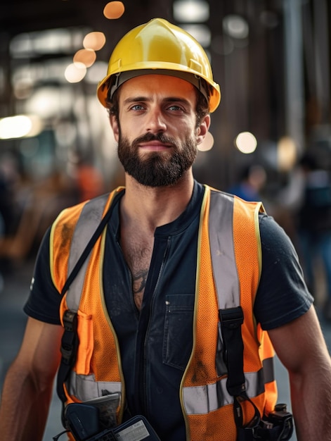 Handsome and Muscular Man in Safety Helmet and Vest at Work