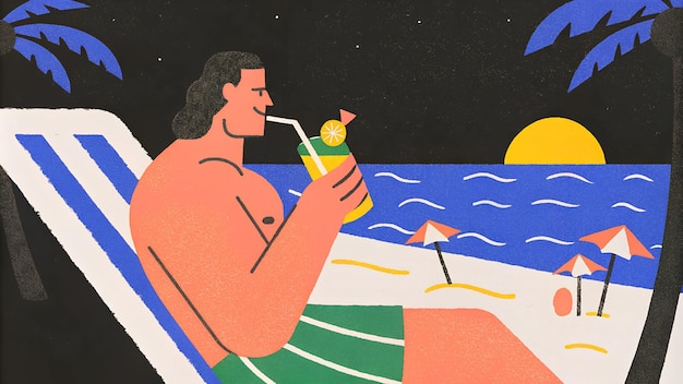 ビーチで大胆なカクテルを味わっているハンサムな筋肉の男