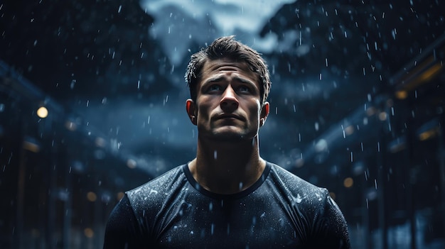 Photo a handsome muscular man in a tshirt stands and looks at the rain closeup the theme of depression and the search for meaning in life