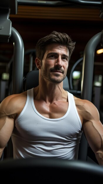 Photo handsome muscular man in white tank top working out on seated chest press machine in the gym