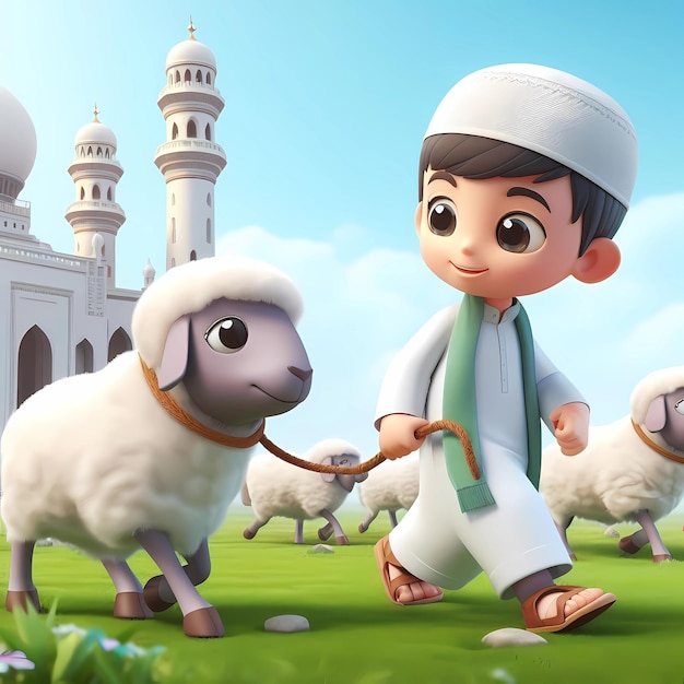 Красивый мусульманский мальчик тянет овцу на фоне мечети 3D анимационная иллюстрация