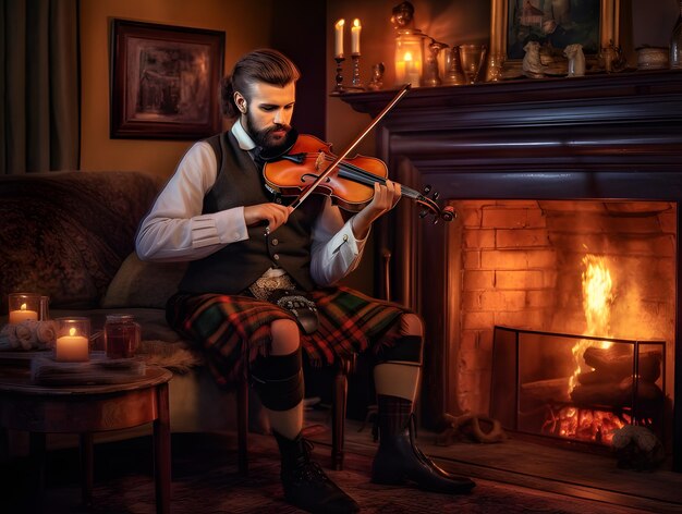 Handsome mysterious violin player in Candlelight with Fireplace