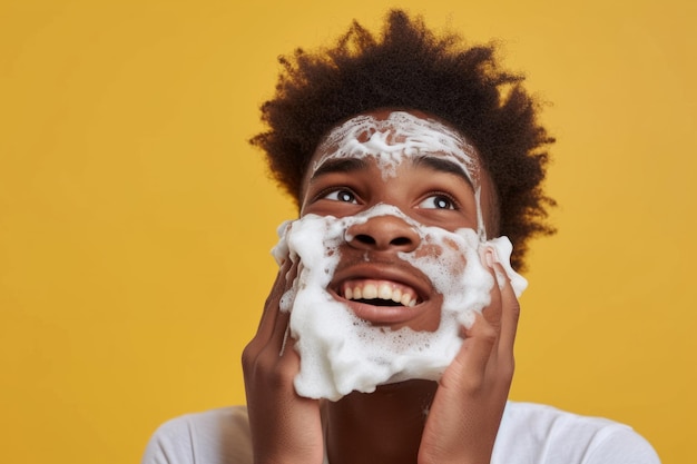 Handsome nervous African American teenage boy with foam on face learning to shave isolated on yellow studio background