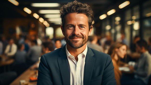 Handsome office boss smiling in office and back other employee standing in distance