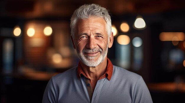 Handsome old man smiling on blurred background Created with Generative AI technology