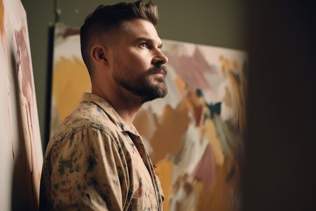 A handsome painter looking at his painting while standing in the studio