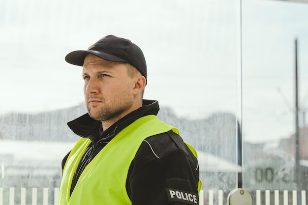 Handsome police officer wearing black uniform and reflecting vest