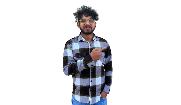 Photo handsome positive curly haired young indian college student pointing finger