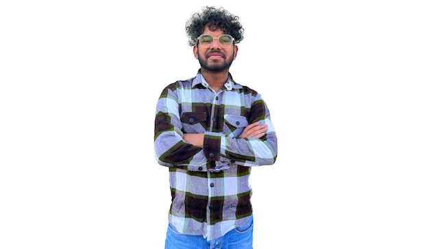 Photo handsome positive curly haired young indian college student