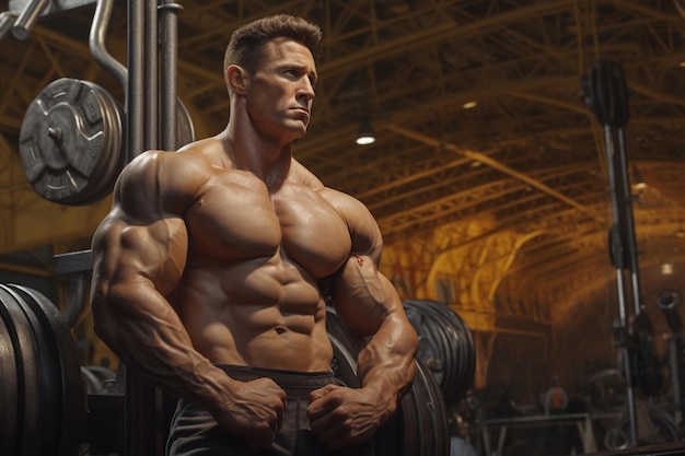 Handsome power athletic man on diet training pumping up muscles with dumbbell and barbell Strong bodybuilder with six pack perfect abs shoulders biceps triceps and chest