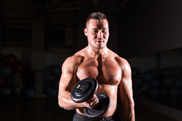 Handsome power athletic man with dumbbell confidently looking forward. Strong bodybuilder with six pack, perfect abs, shoulders, biceps, triceps and chest