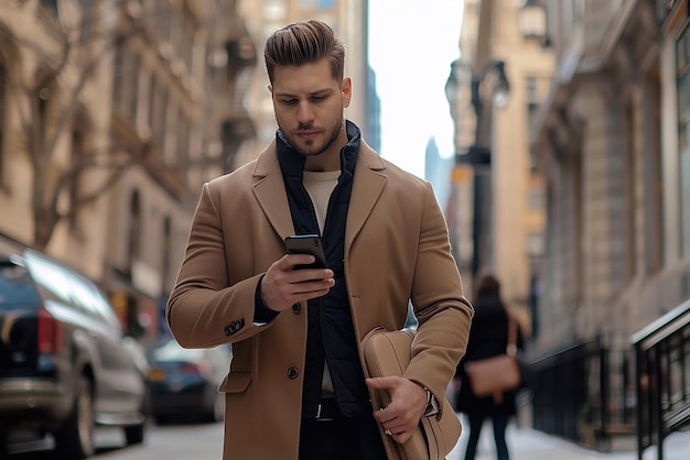 Handsome professional male walking in the city using his phone