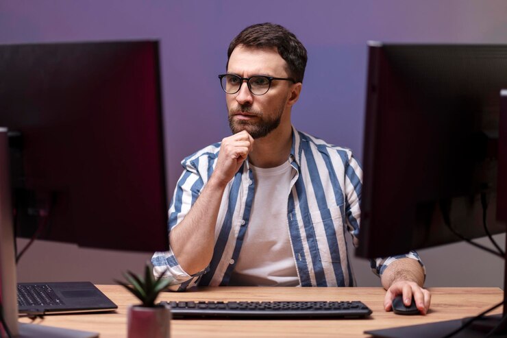 Photo handsome programmer working freelance project looking at computer monitor sitting at home
