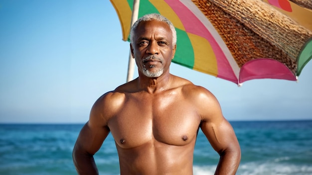 A handsome respectable older black man posing in swimming trunks