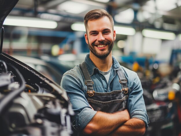 Handsome satisfied male car mechanic in auto repair shop