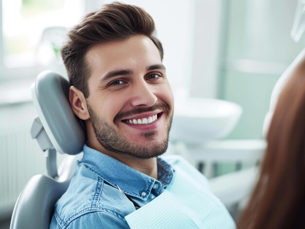 Handsome satisfied man on the dentists chair