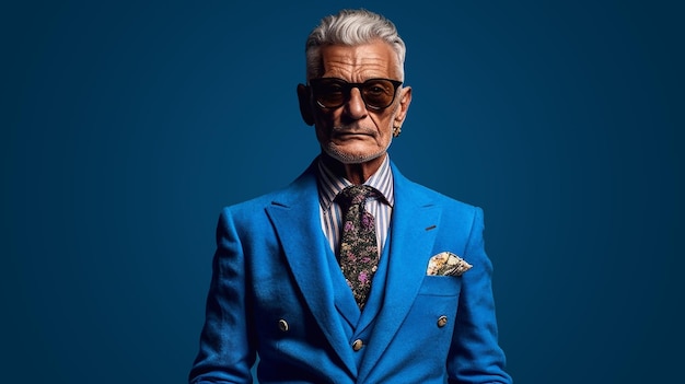 Handsome Senior Male Model with Blue Suit and Sunglasses