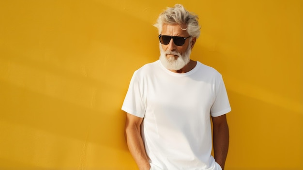 Handsome senior man in sunglasses and white tshirt standing against yellow wall Generative AI