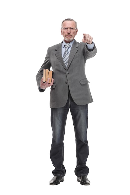 Handsome senior teacher man with books over isolated background happy with big smile doing ok sign