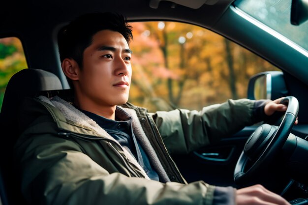 A handsome and serious male driver in a car