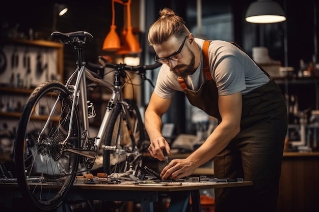 保護眼鏡をかぶったハンサムで真剣な男性が自宅で自転車を修理しています