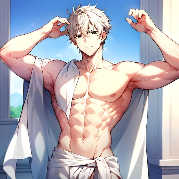 Handsome and Sexy Guy with Muscular Body Shirtless with White Hair Looking at Camera Posing Anime