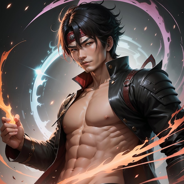 a handsome shirtless asian character