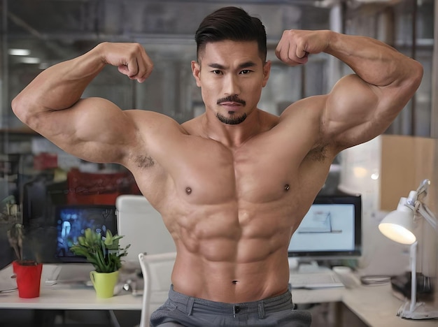 Handsome Shirtless and Sexy Muscular Macho Asian Man Flexing Biceps in The Office Conceptual