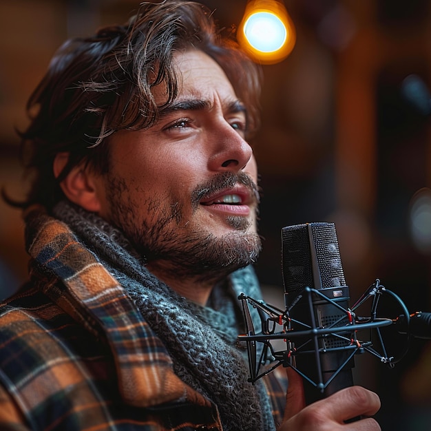 Photo handsome singer holding dynamic microphone male singer recording in music studio