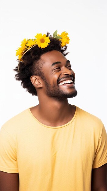 handsome smiling african american male with yellow flowers in hair looking away on white background