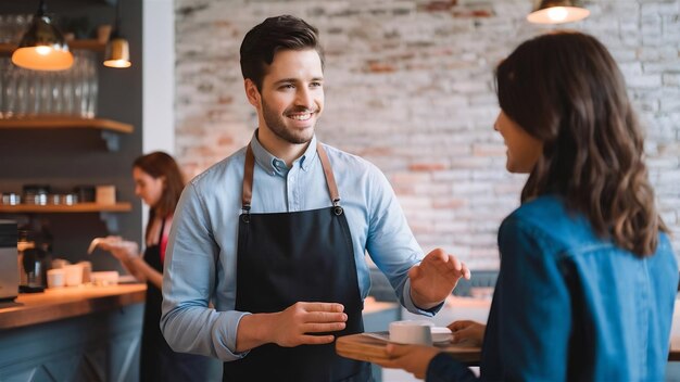 Handsome smiling barista in black apron smiling serving guests in restaurant prepare order for gues