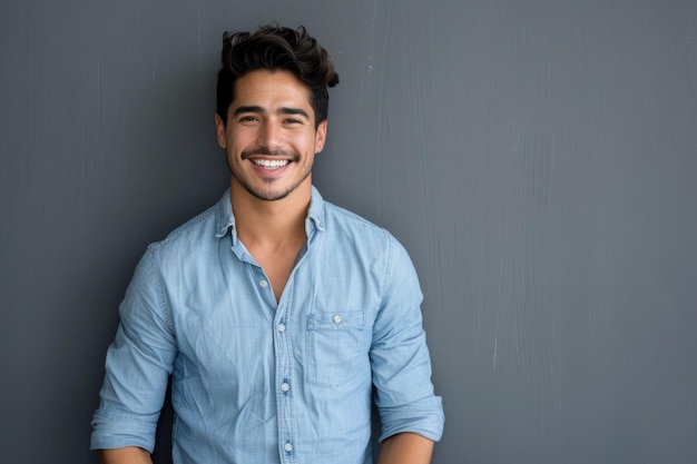 Photo handsome smiling man in blue shirt against grey background