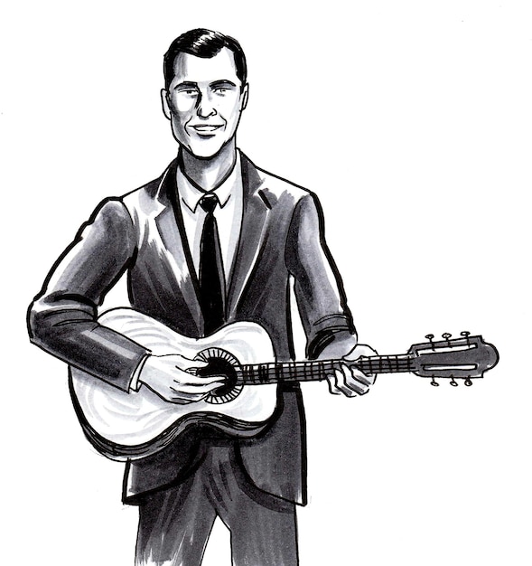 Handsome smiling man playing acoustic guitar. Ink black and white drawing